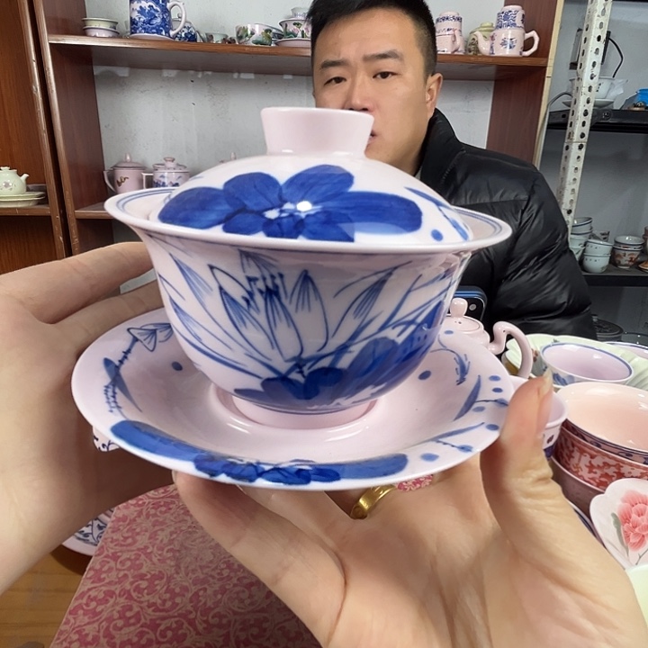 瓷片景德镇陶瓷红嘻嘻荷花3才盖碗