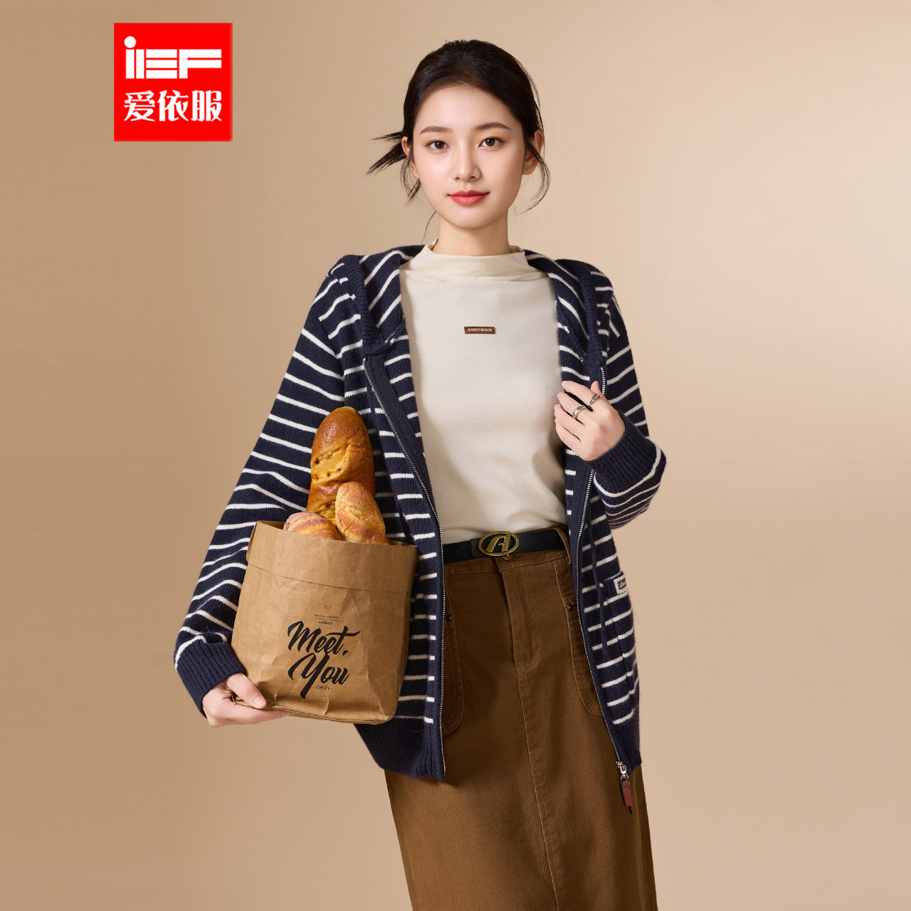 IEF/爱依服2025秋冬新款韩版时尚休闲慵懒风条纹百搭毛织卫衣外套