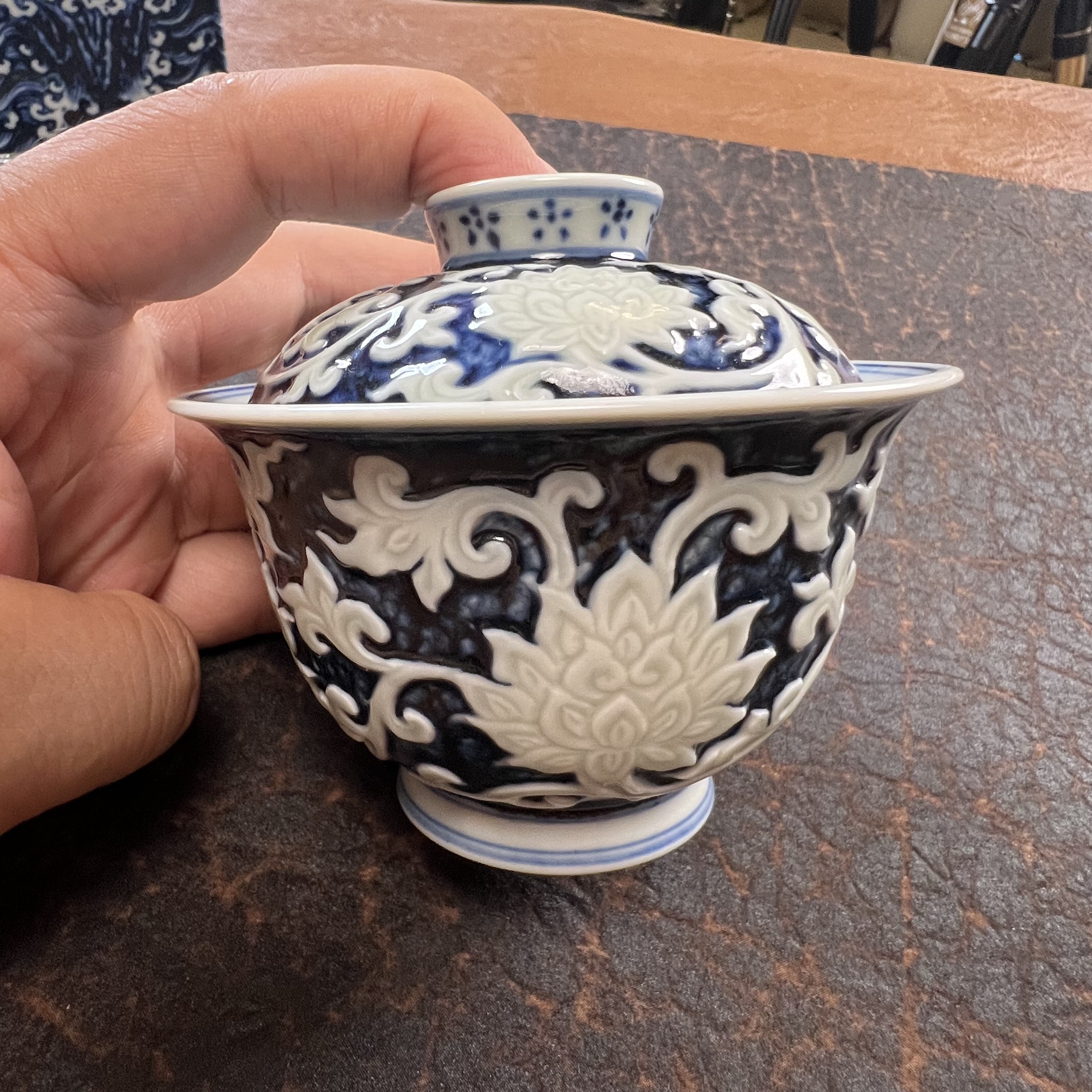 舜瓷天工一品半刀泥莲花盖碗手绘柴窑瓷盖碗