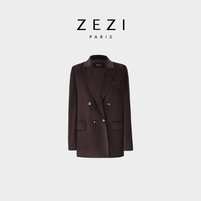 ZEZI清仓-【海莉套】双排扣灯芯绒西装中长款女秋冬Z14B745J