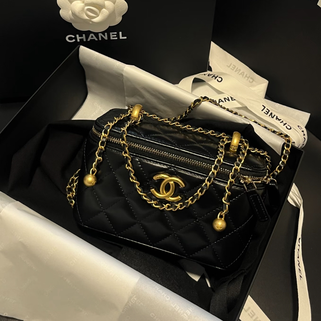 未使用 Chanel/香奈儿 黑金双金珠 长款化妆盒子包 牛皮 25年芯片