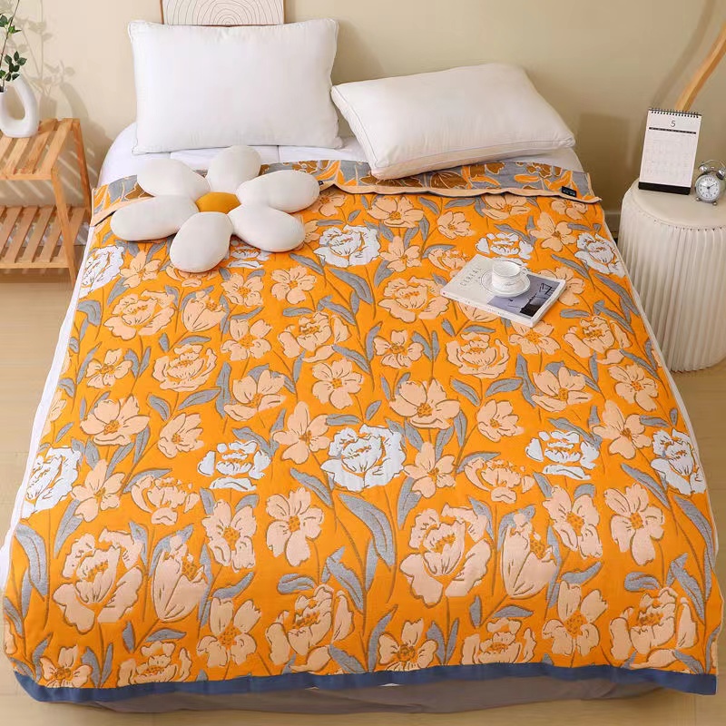 新款透气舒适多层纱布盖毯--栀子花多功能柔软布床冷感精梳盖毯