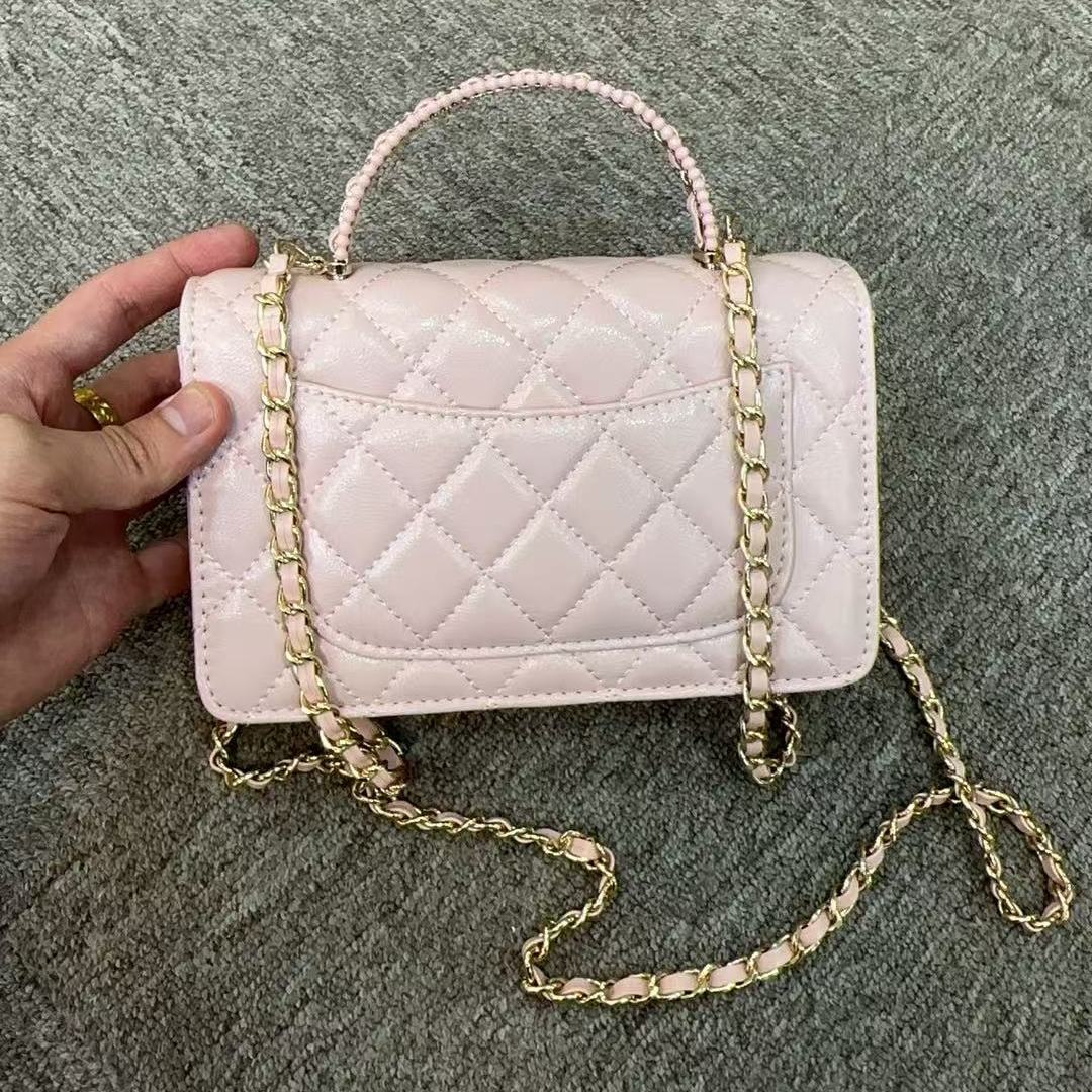 2025新款真皮女包方格手柄粉色6838