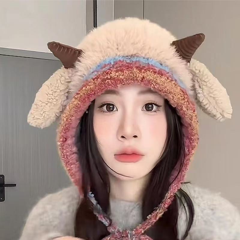 韩版可爱小羊毛绒帽子女秋冬季保暖绑带针织护耳帽百搭套头雷锋帽