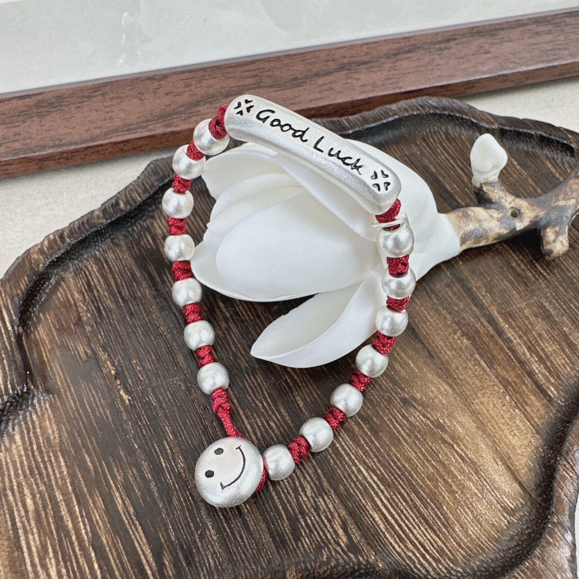 足银手链 笑口常开good luck笑脸天天开心编织百搭红绳手链