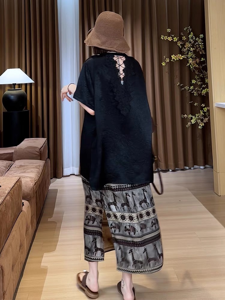 【DD-女装】2025夏款小众设计极简后背V领蕾丝百搭醋酸T恤