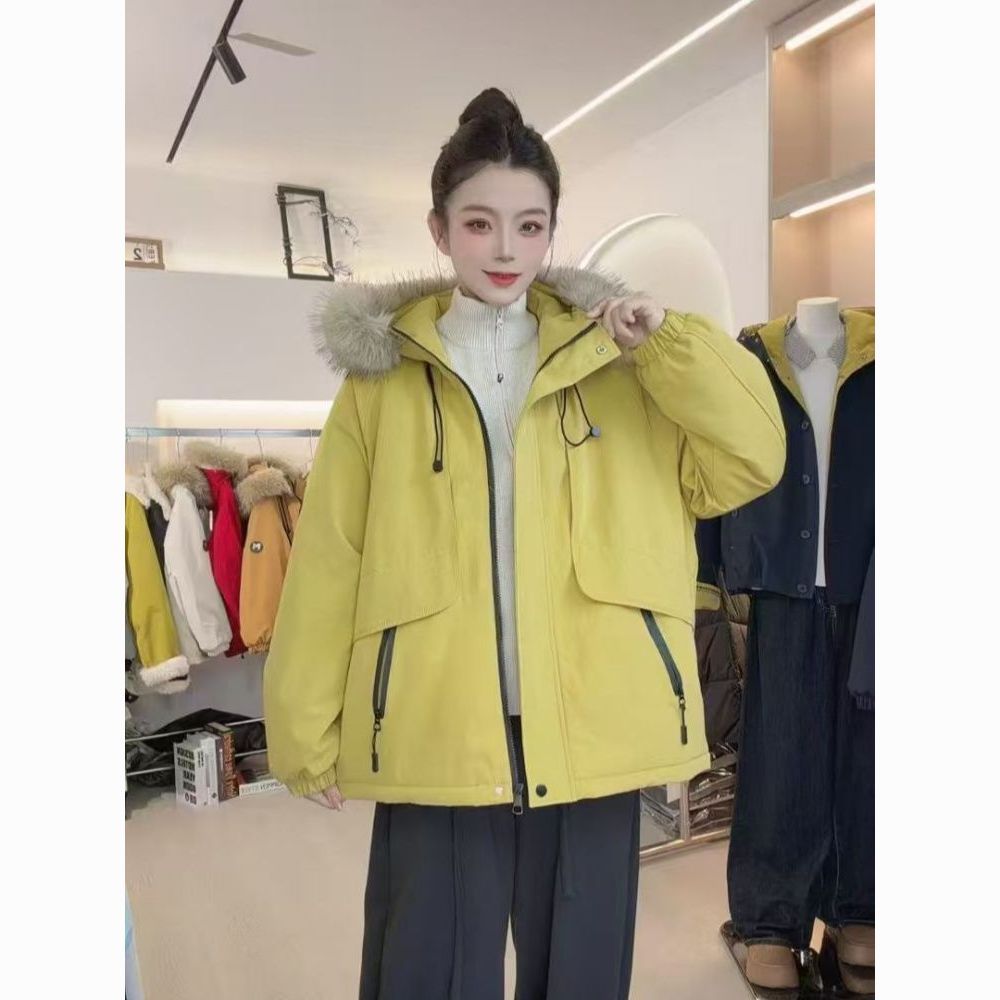 拉链宽松型厚款连帽短款外套棉服常规不褪色通勤风时尚休闲百搭
