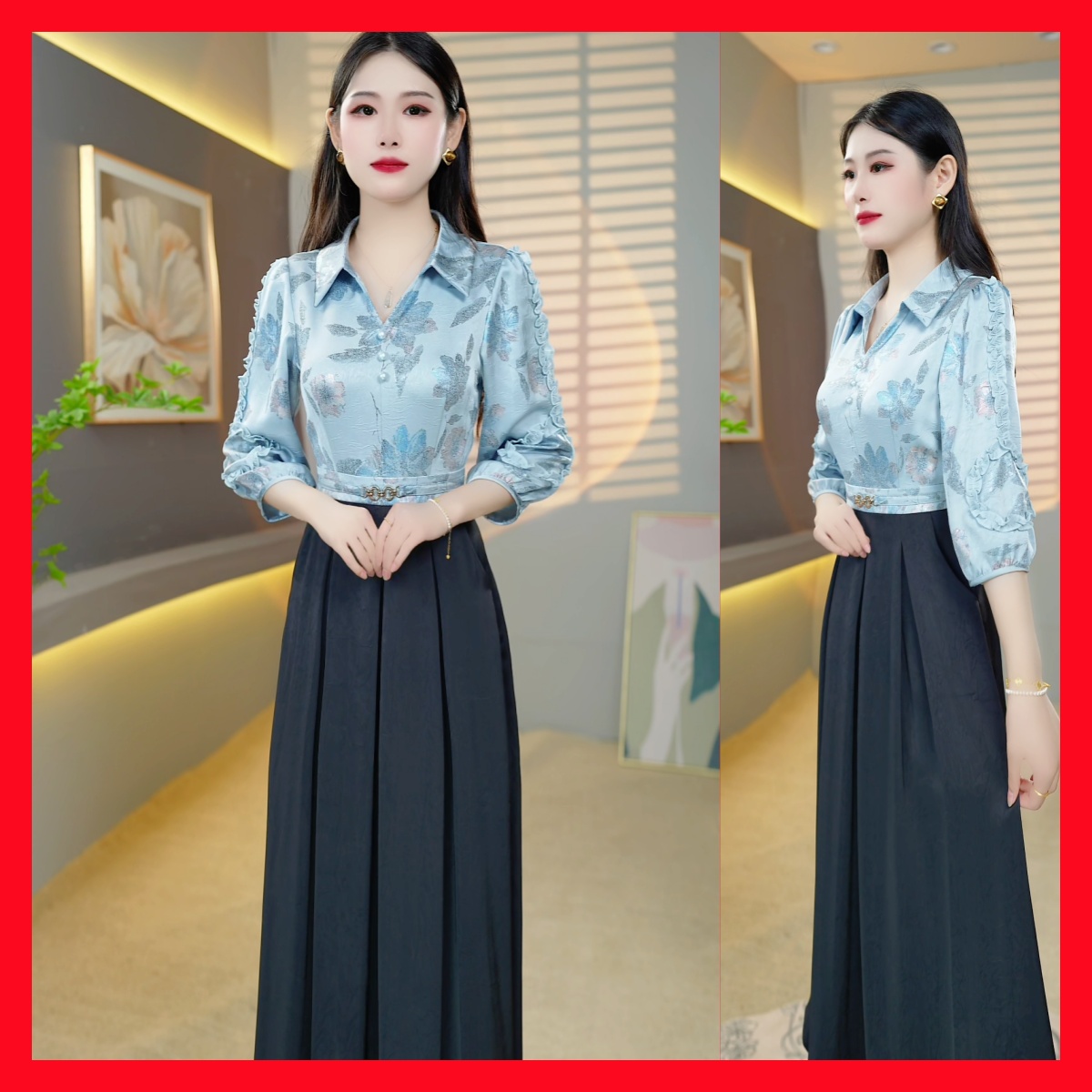 [连衣裙]83早秋新款时尚连衣裙女长袖拼接印花遮肉显瘦中长款裙