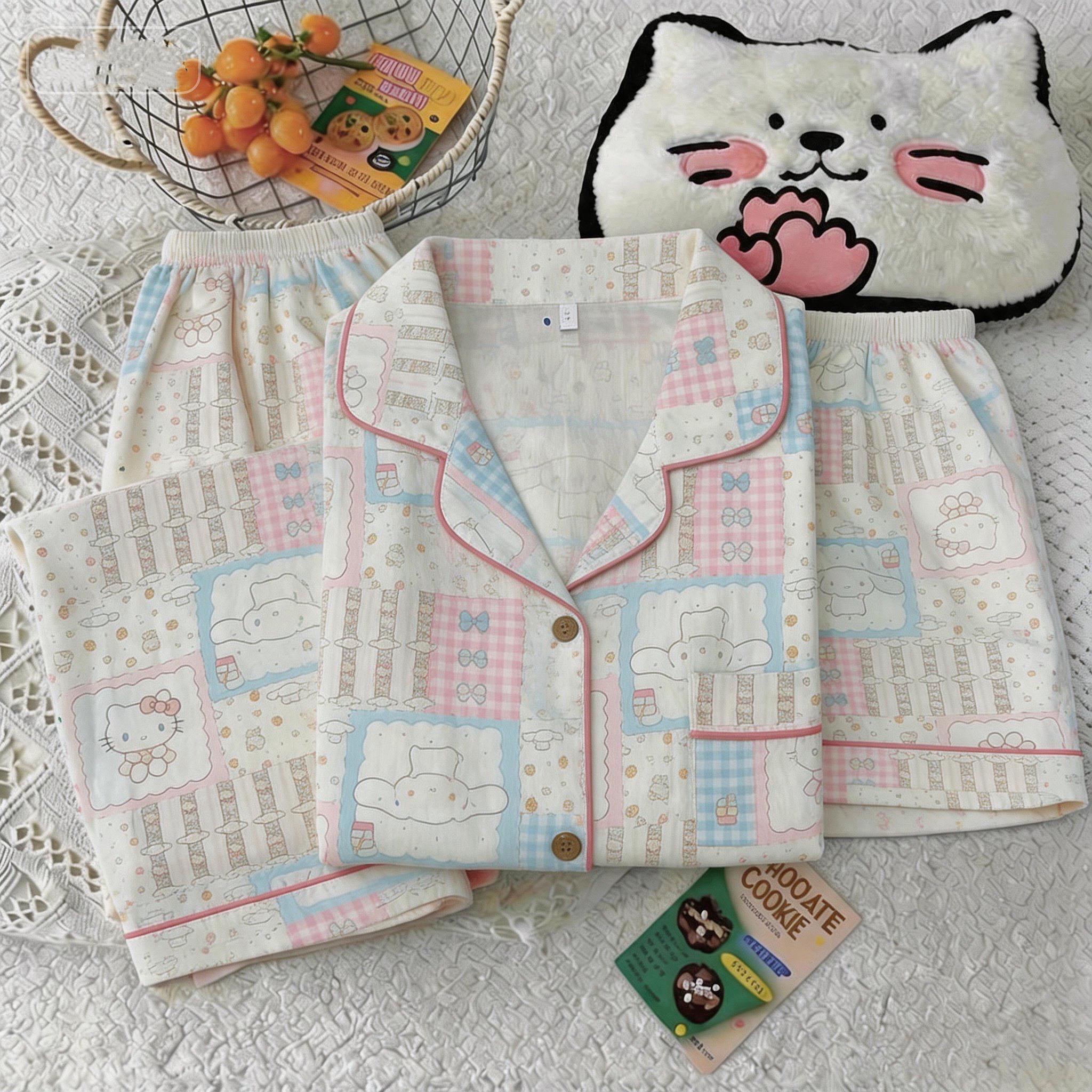 三件套ins玉桂狗小猫夏睡衣女短袖短裤长裤家居服138