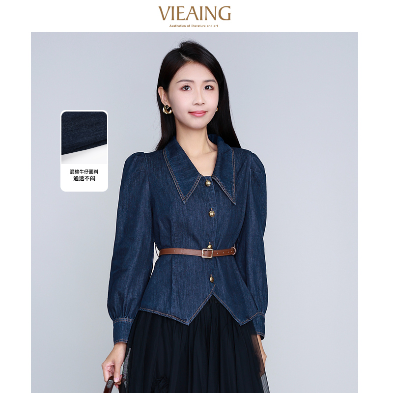 【许半夏推荐】薇迎经典泡泡袖不规则长袖牛仔衬衫321693134023