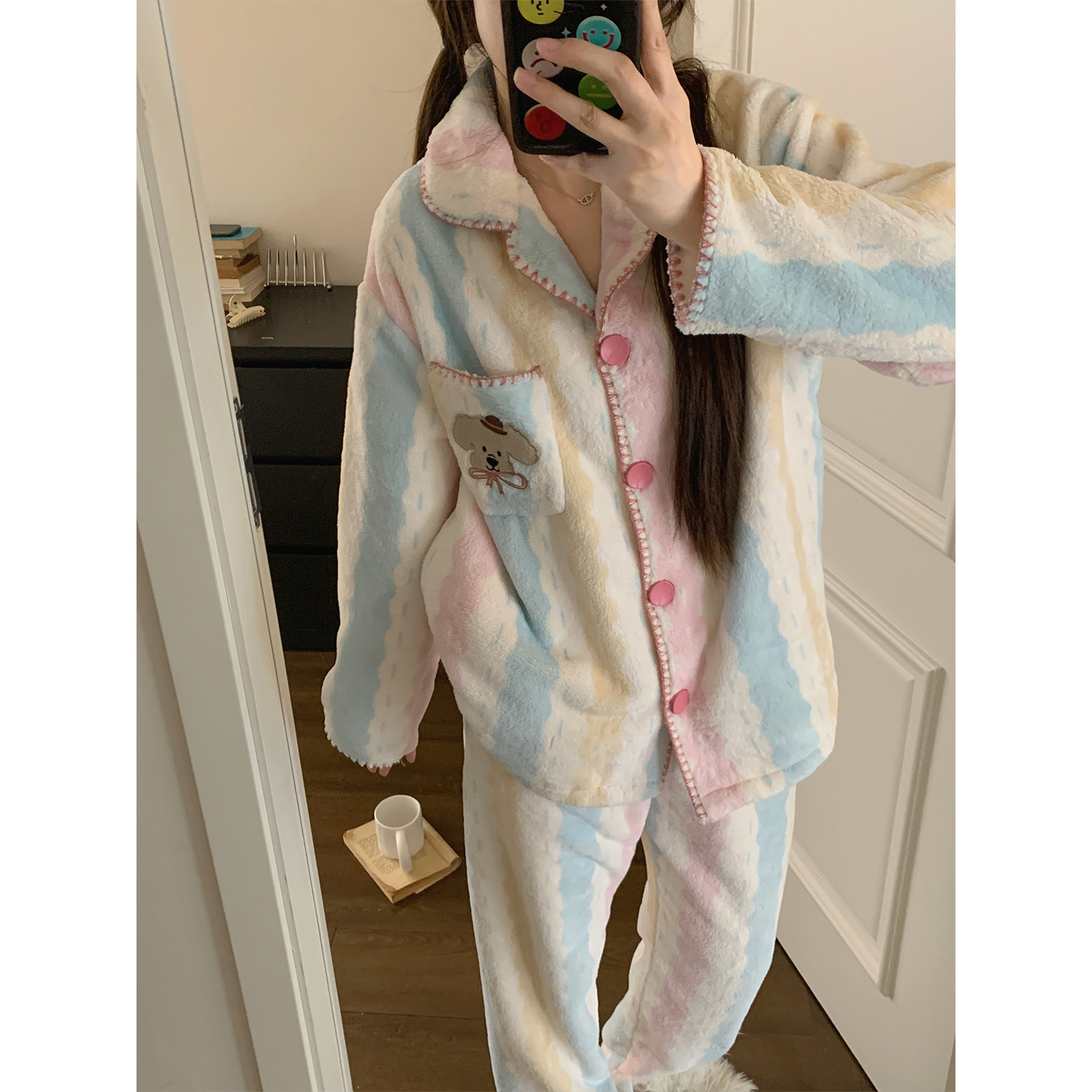 超柔软睡衣女冬季加厚加绒可外穿大象刺绣法兰绒印花家居服套装