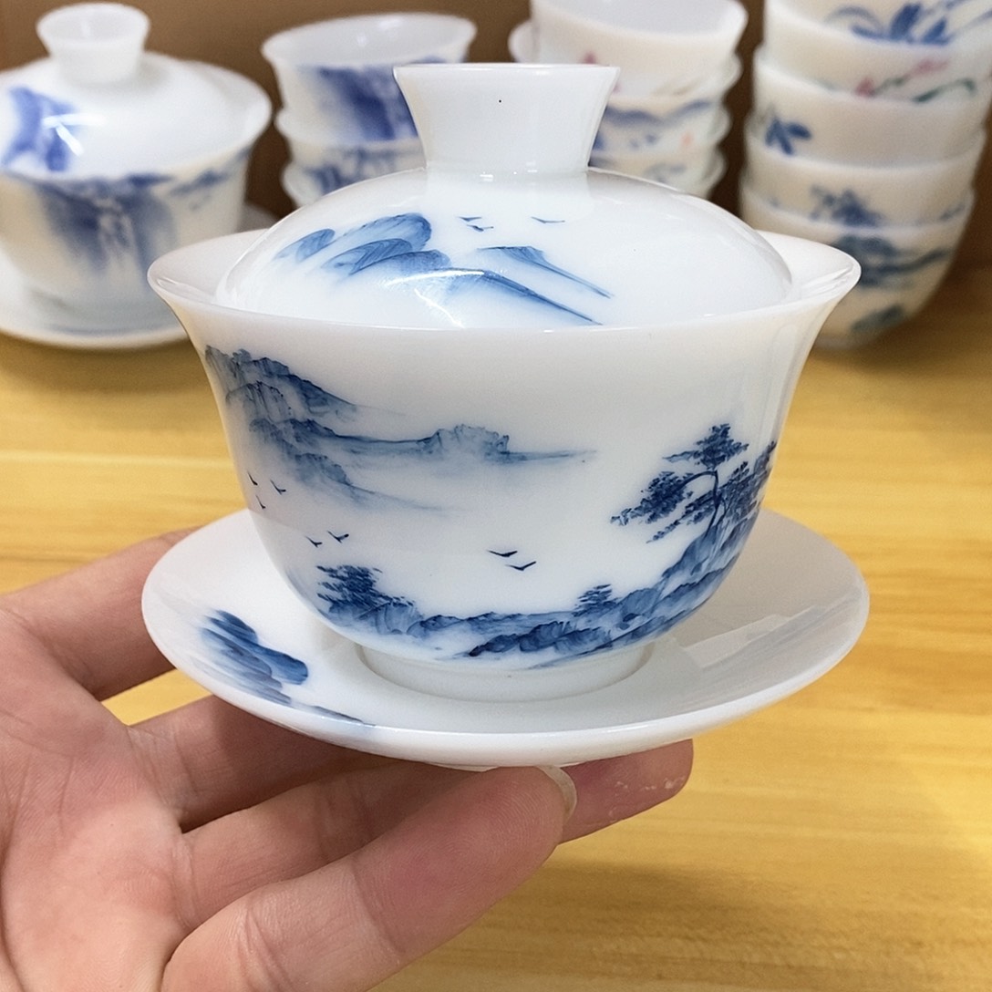 冰种玉瓷手绘盖碗（瑕）160