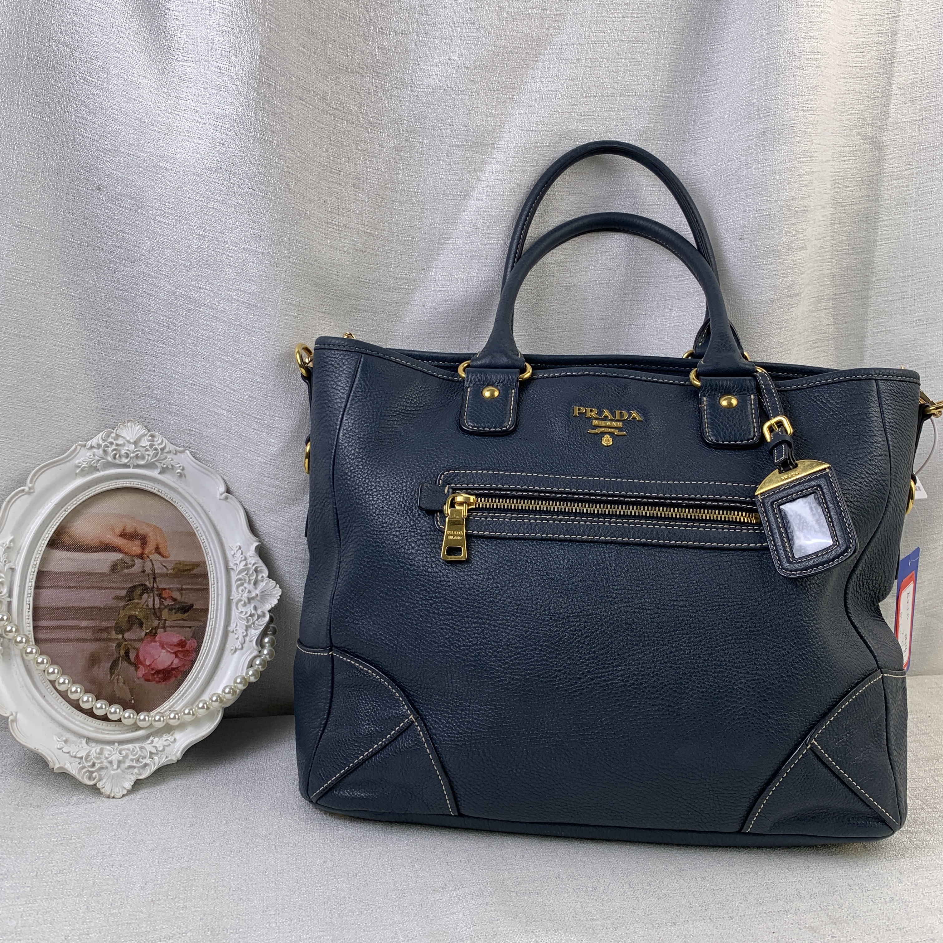 95新 Prada/普拉达 微笑蓝金手提垃圾袋/ZH11830003/0003