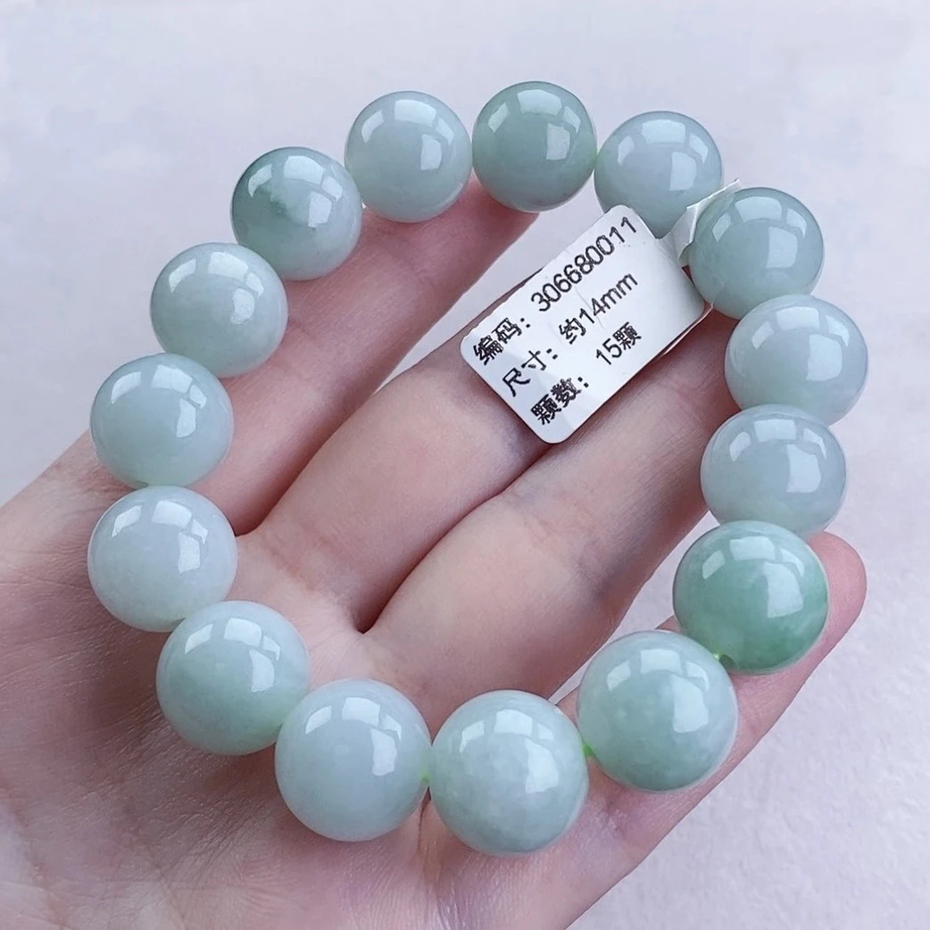 缅甸天然翡翠手串 卡14 冰晴底飘绿花圆珠手串 男士 大卡时尚百搭