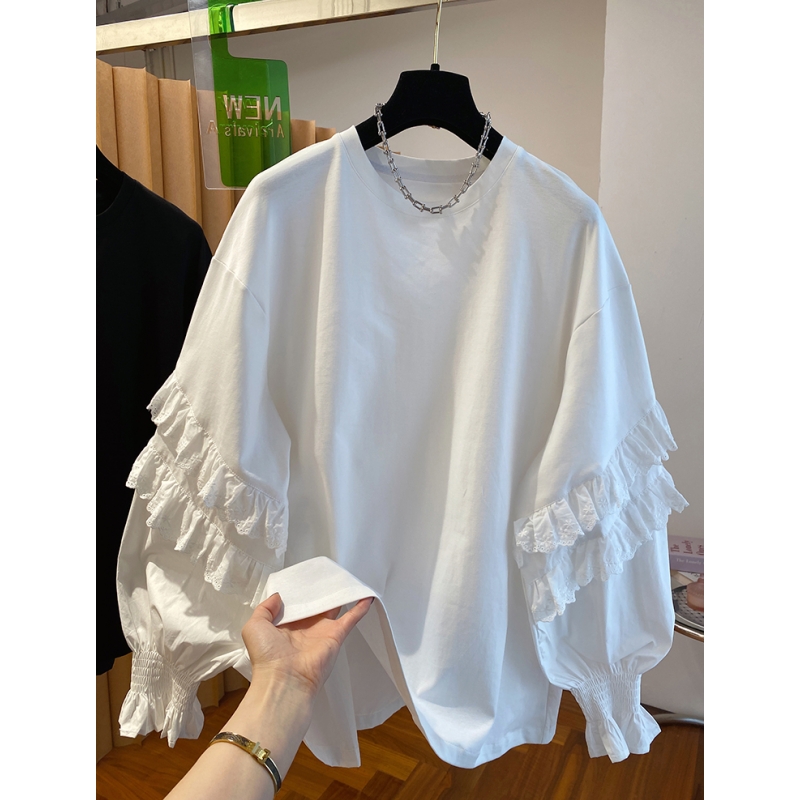 P777法式超仙蕾丝木耳边拼接t恤女长袖新款宽松休闲漂亮圆领上衣