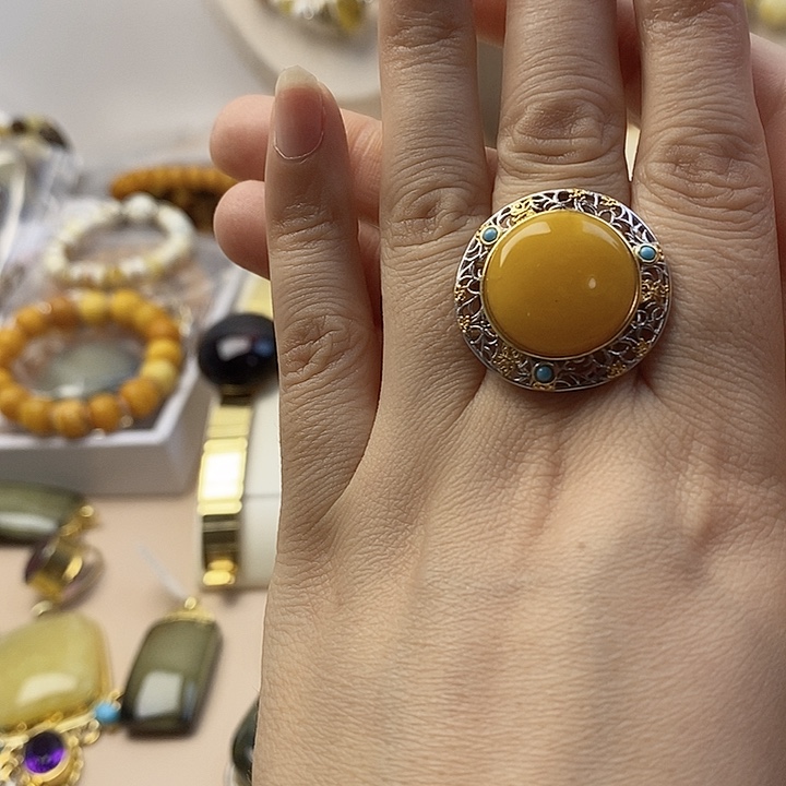 蜜蜡银S925镶嵌戒指蜜蜡戒指