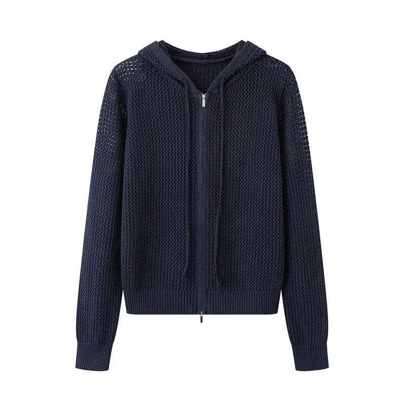 MM商场同款2025秋新品休闲百搭镂空连帽针织开衫女毛衣2441