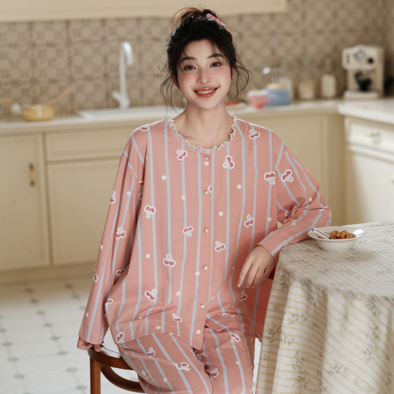芬腾睡衣女款春秋季新款长袖长裤纯棉蕾丝领樱桃甜美家居服套装