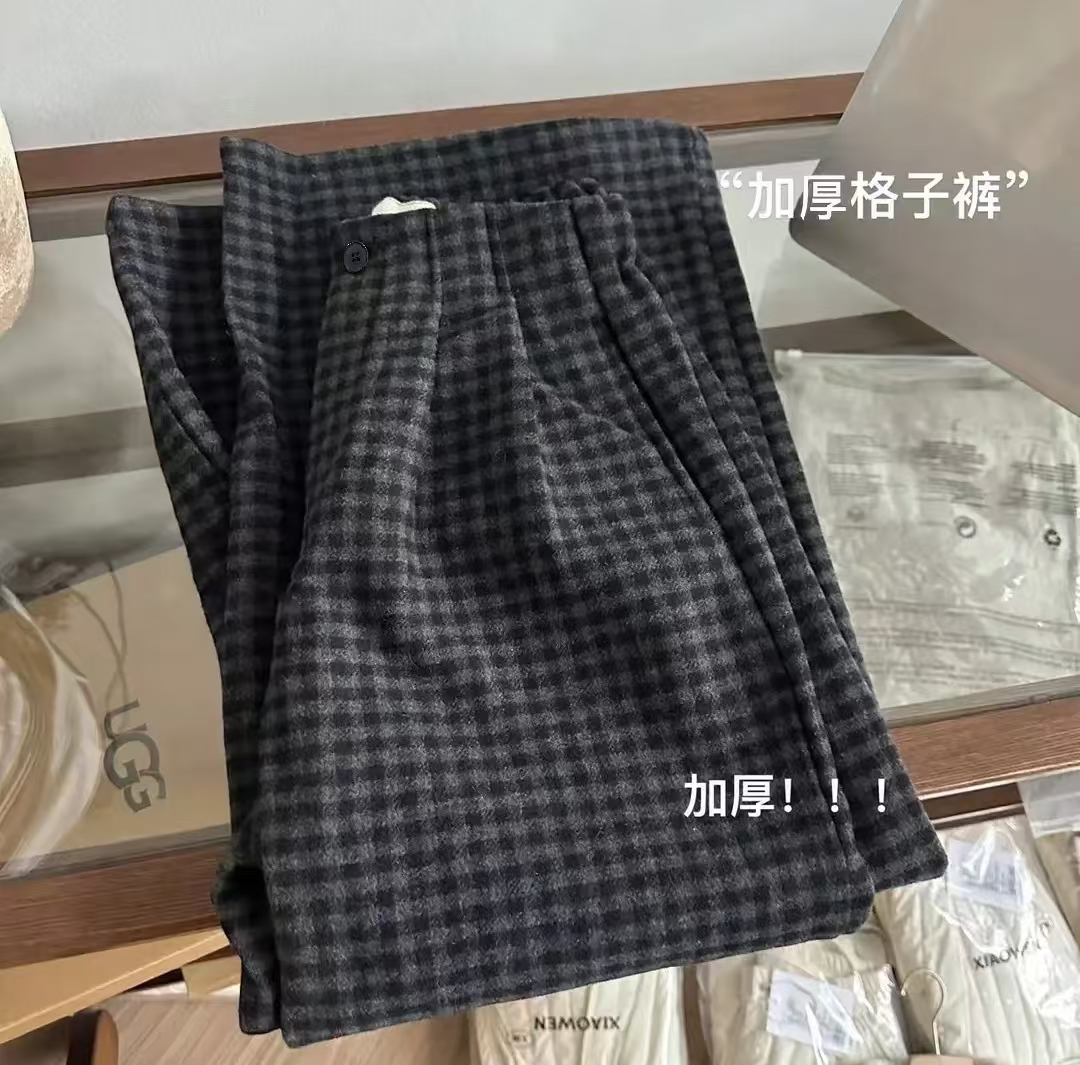 韩国东大门2024秋冬松紧垂感宽松百搭显瘦经典阔腿双面毛呢格子裤