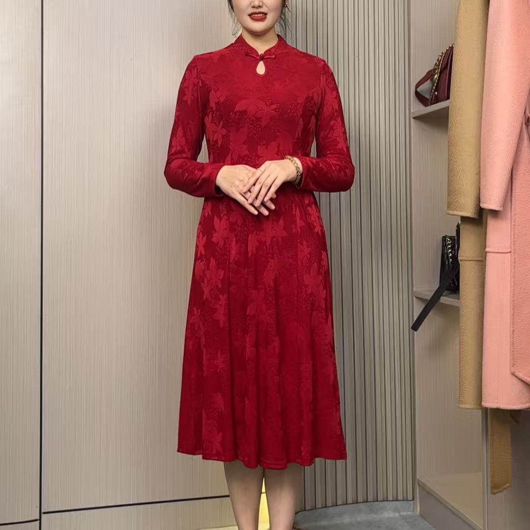 秋季新款中老年妈妈装长袖改良旗袍连衣裙婚宴礼服