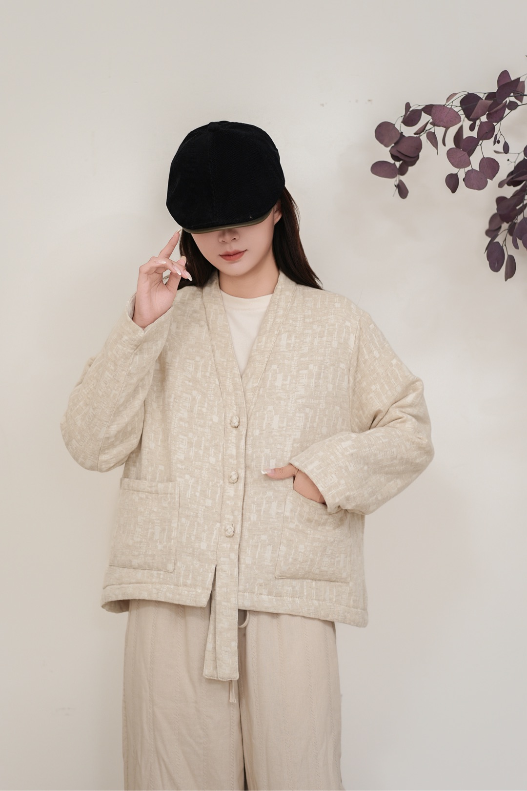 提花直下摆飘带长袖女棉衣棉服时尚秋冬V领单排扣DZY     190