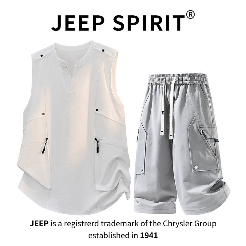JEEPSPIRIT吉普工装V领背心七分短裤套装男士夏季宽松无袖两件套
