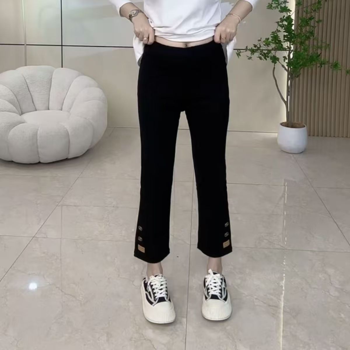 秋冬秋季阔腿厚款百搭加绒纯色休闲裤洋气九分黑色高腰保暖显瘦