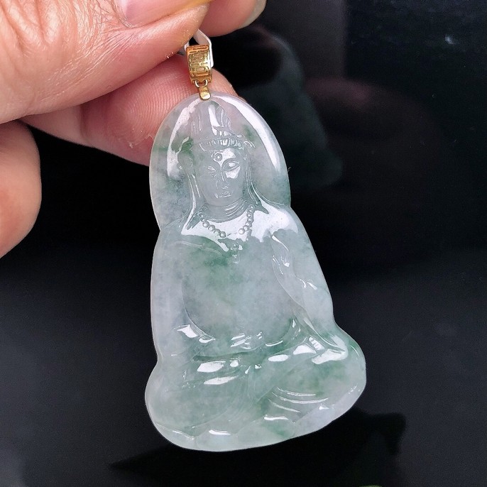 缅甸天然翡翠A货18k金扣镶嵌冰种飘花素衣观音吊坠背平切工好冰透