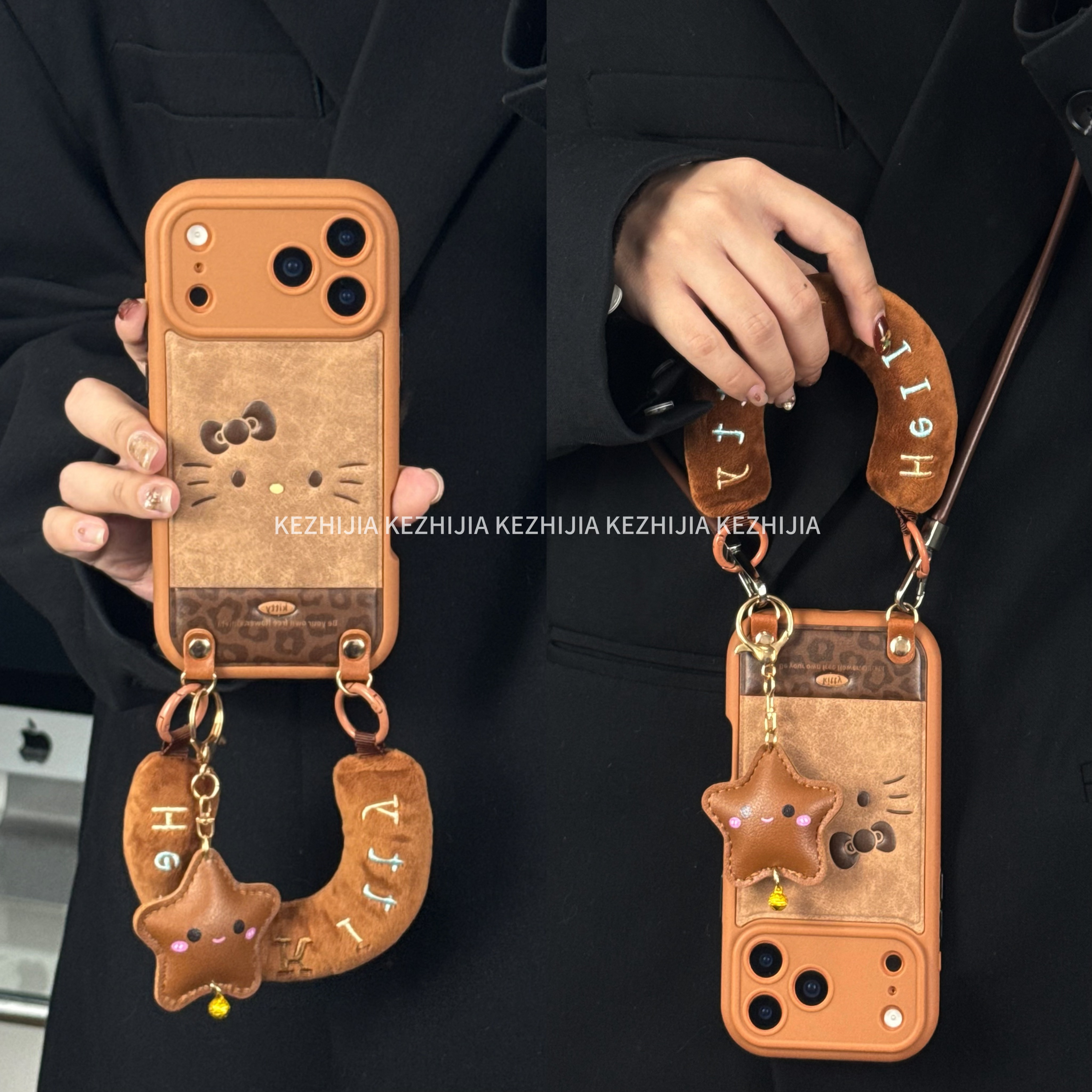 【壳之】棕色KT表情豹纹拼底圆边适用苹果17/16/15/14Promax手机壳