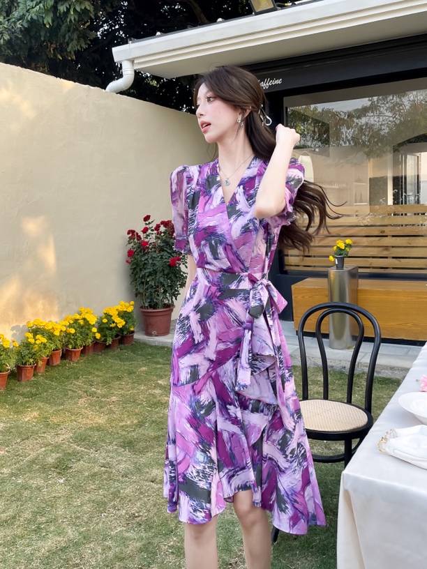 欧货小碎花连衣裙V领