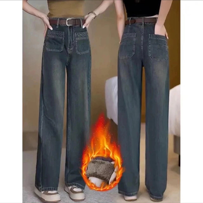 （加绒不加价）水泥灰宽松加绒高腰阔腿裤显瘦拖地裤阔腿牛仔百搭