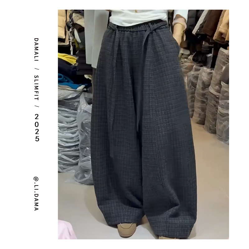 大码利-冬上新【格子拖地裤高腰】小众韩版显瘦休闲直筒长裤