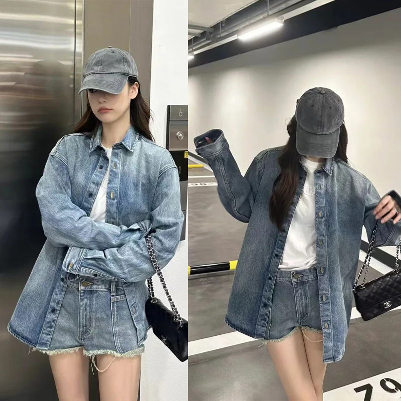男女同款时尚微标刺绣长袖牛仔衬衫外套休闲百搭宽松复古显瘦