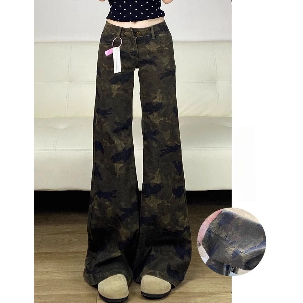 美式迷彩薄款微喇牛仔裤女2025夏季新款复古显瘦垂感不贴腿喇叭裤