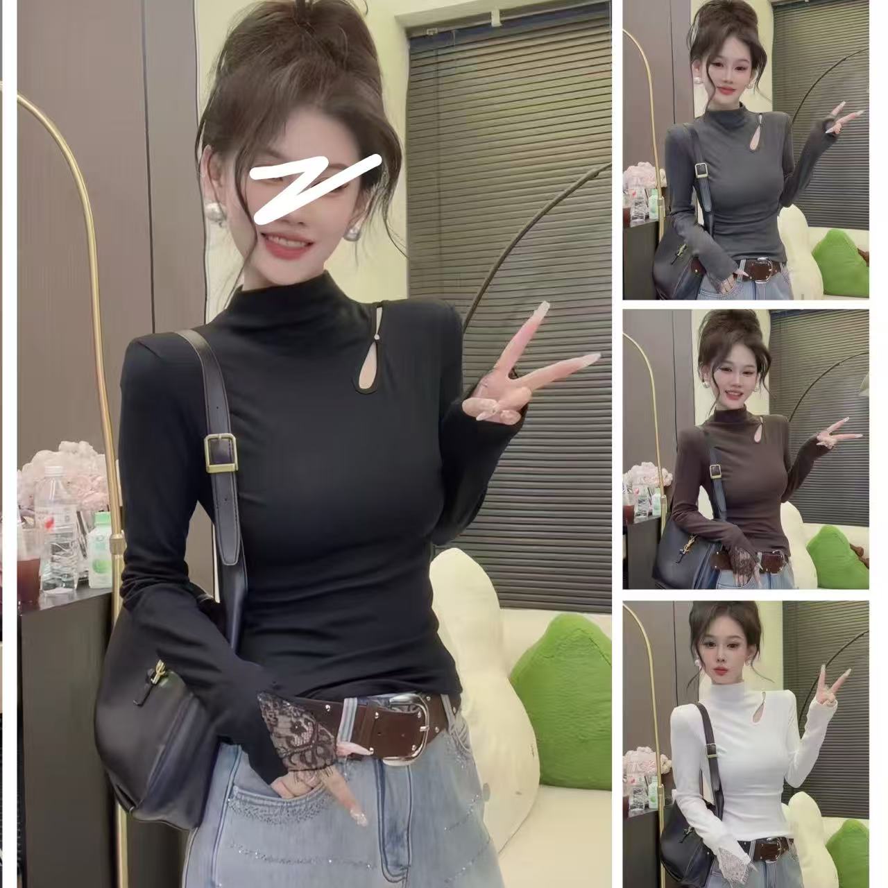 半高领蕾丝钉珠长袖上衣女2025秋冬新款加绒设计感百搭打底衫7158