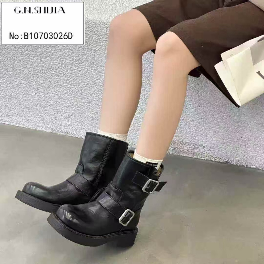 真皮圆头厚底马丁靴女英伦风切尔西短靴秋冬复古显瘦