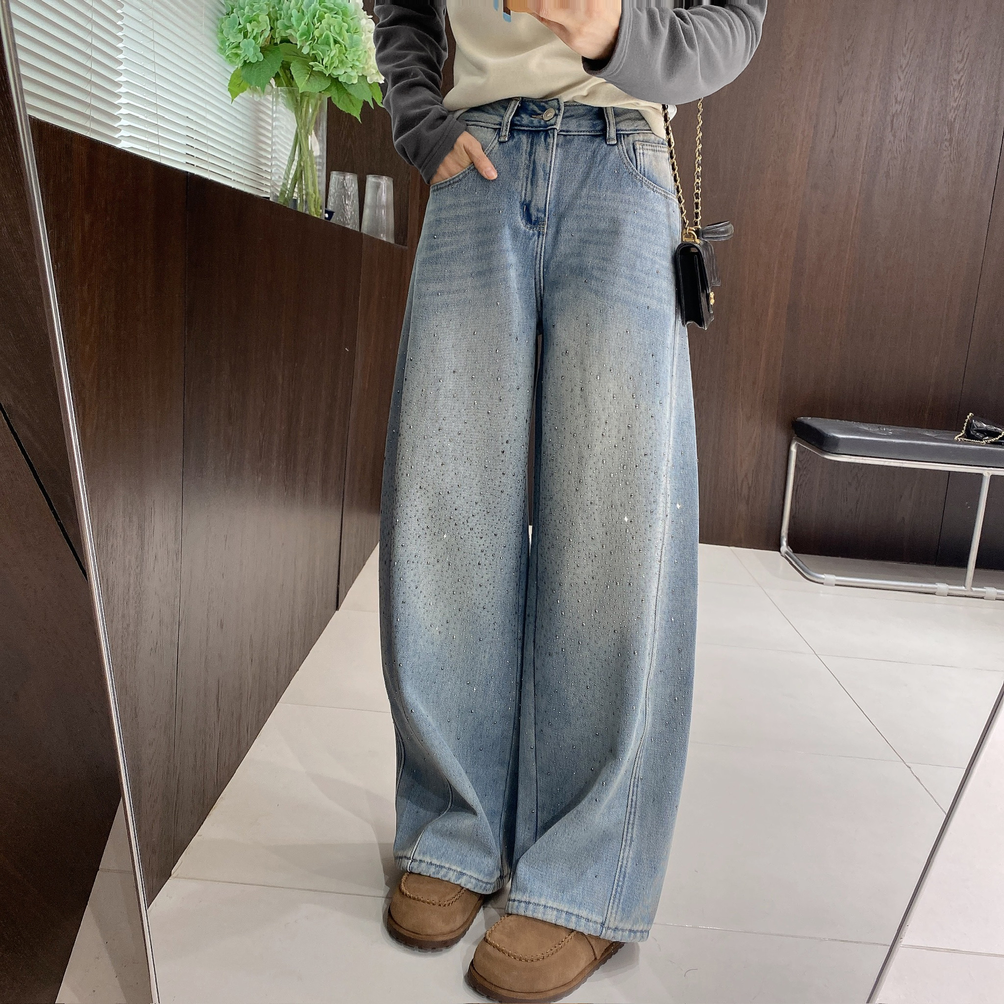 IMFLY金小金自制女装 加绒牛仔裤DYK2933冬季韩版烫钻阔腿牛仔裤