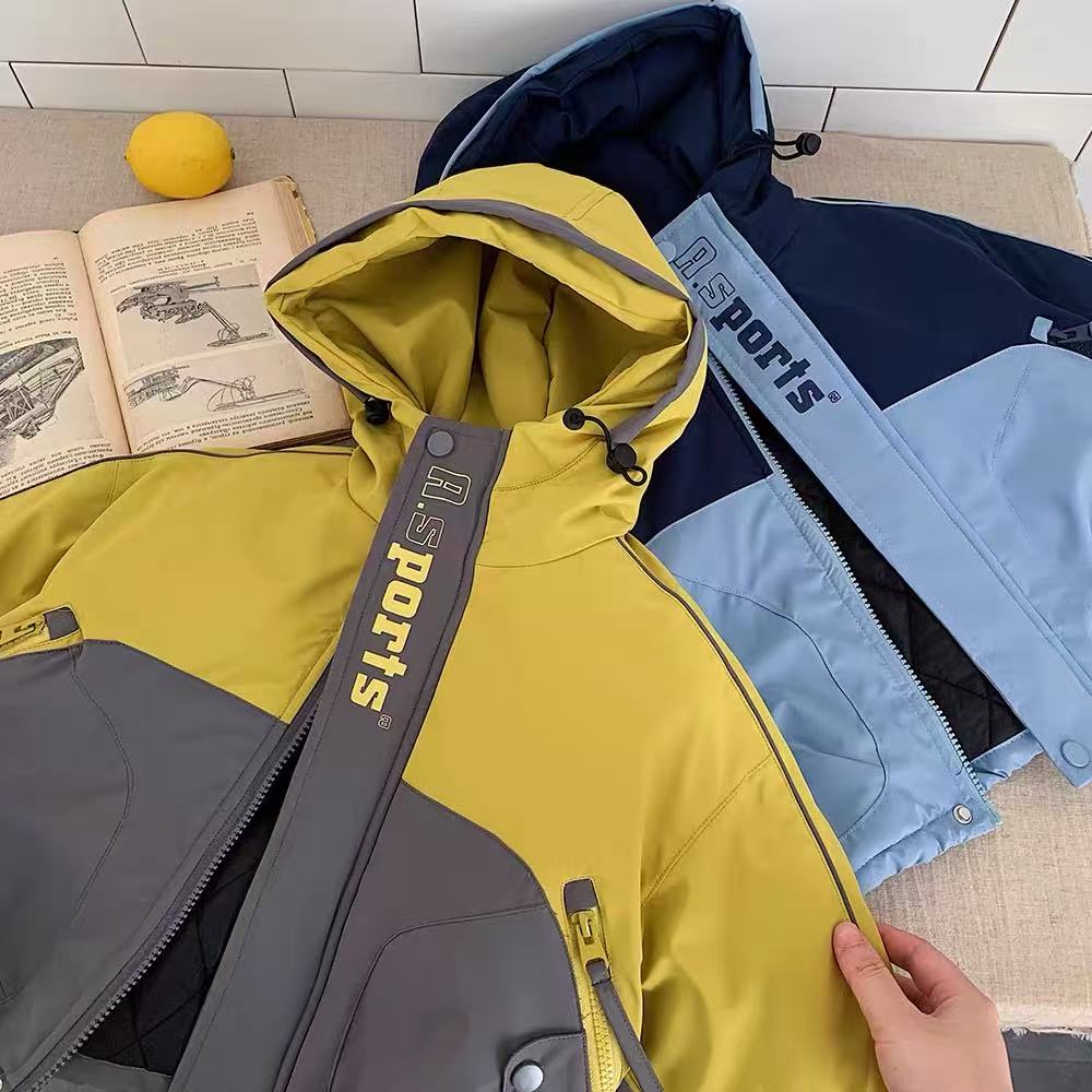 儿童夹棉外套男2025秋冬新款小童拼色棉衣洋气宝宝连帽棉服女三防