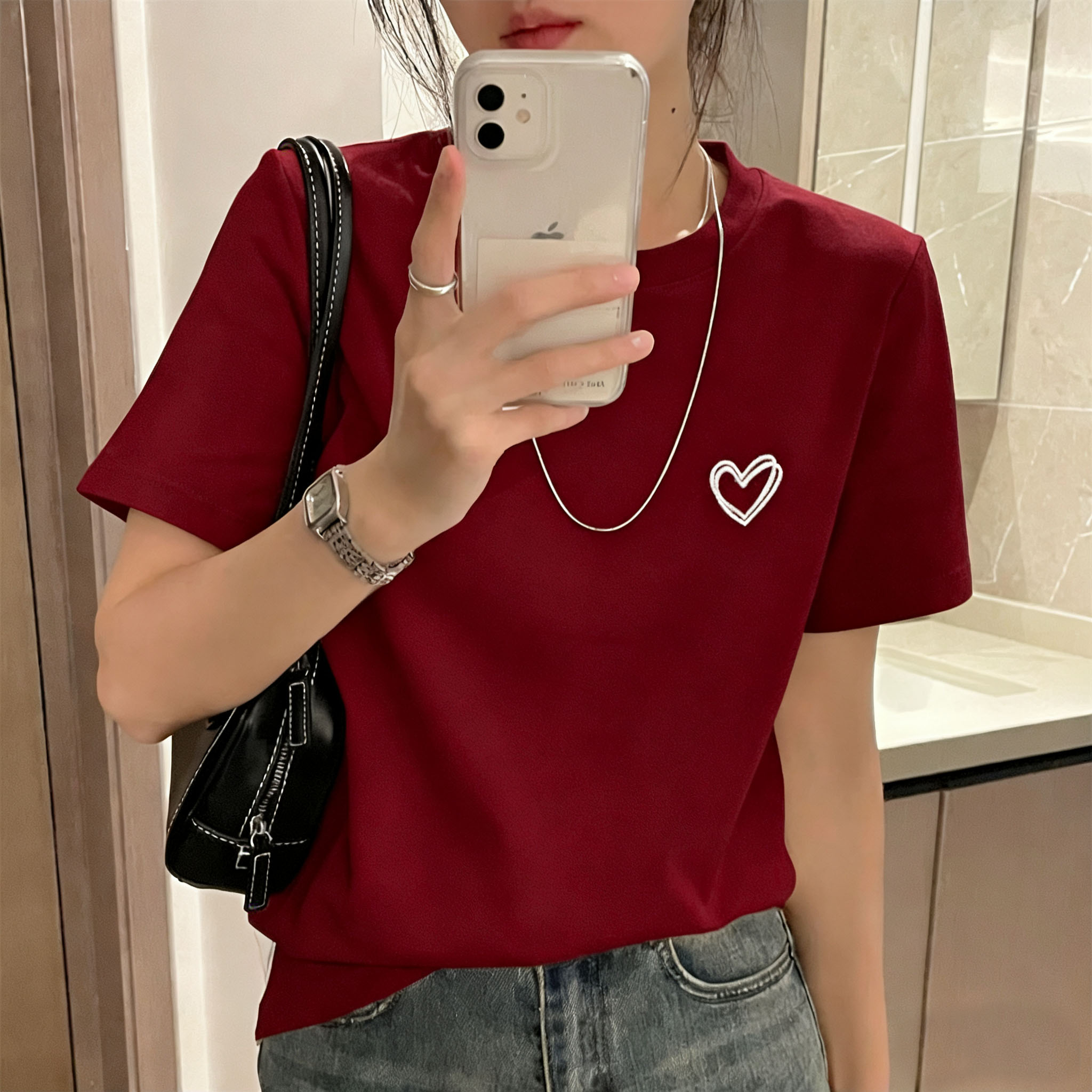 刺绣短袖刺绣纯棉半袖圆领正肩字母T恤显瘦春夏半袖抗起球7A抗菌