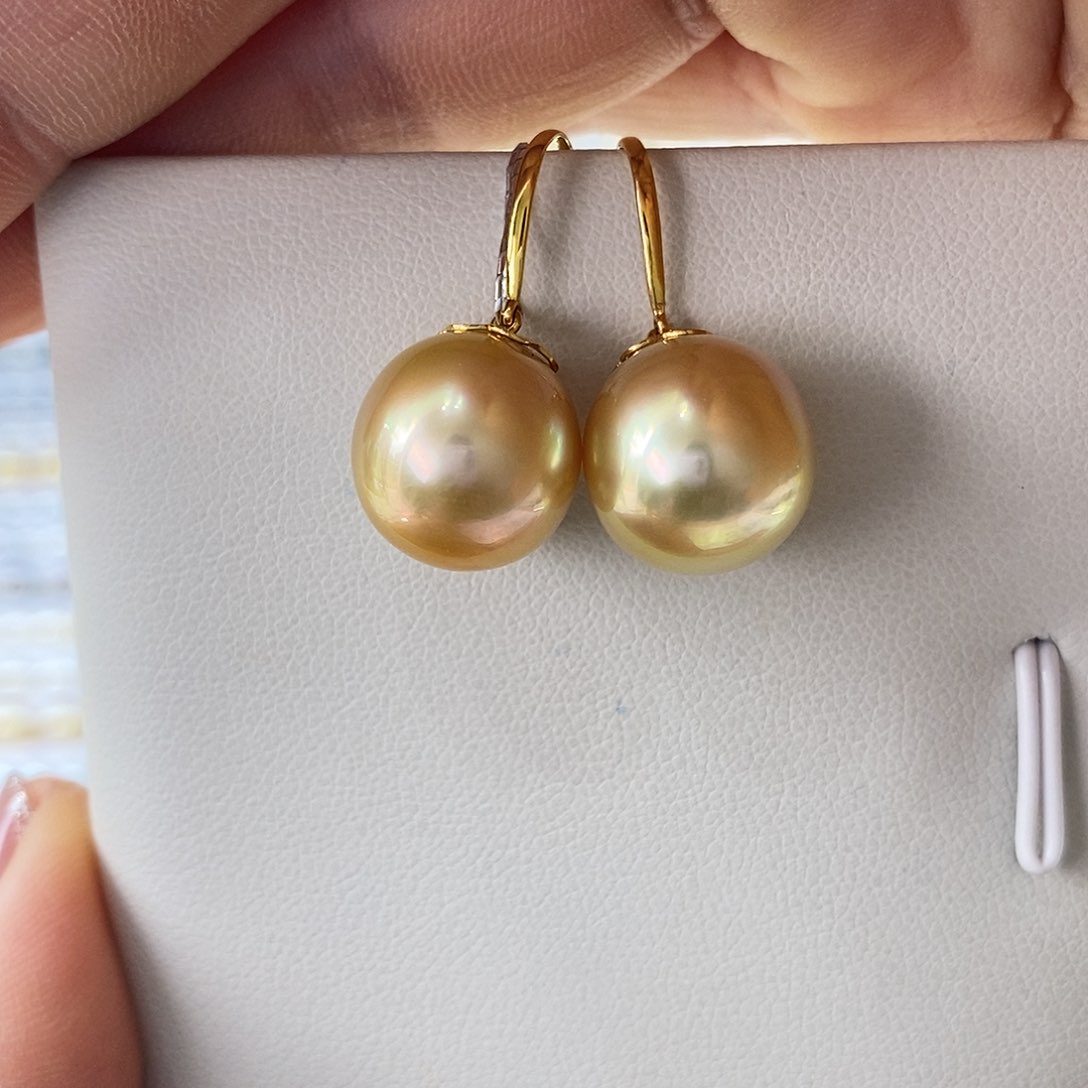 海水珍珠耳饰18K金镶嵌南洋金珠12-13m m