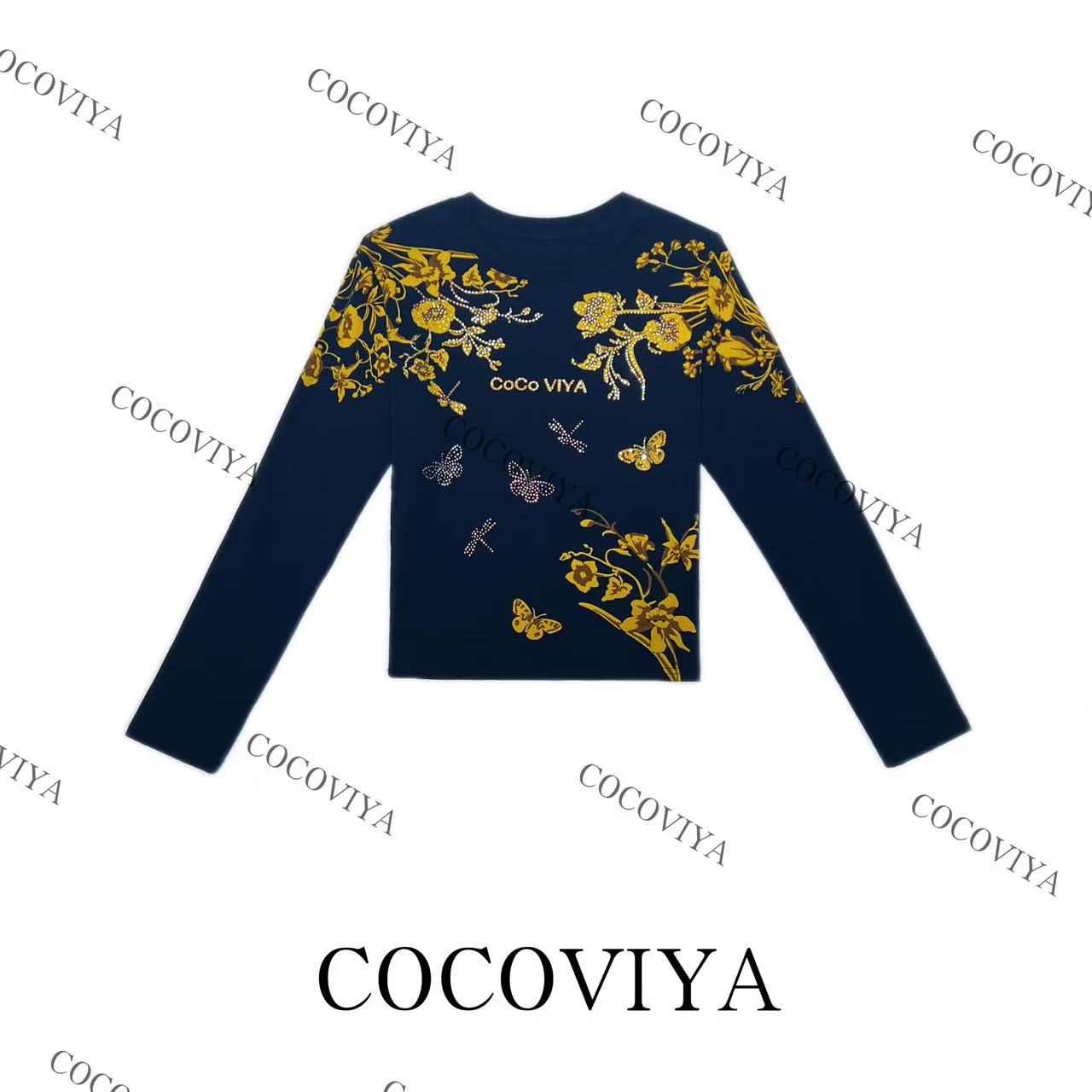 【CC】COCOVIYA金卉蝶韵精致国风长袖T恤遮肉显瘦休闲上衣26C-855