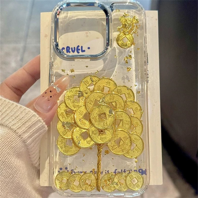 发财树滴胶搞钱暴富金箔蛇年新款适用于苹果手机壳