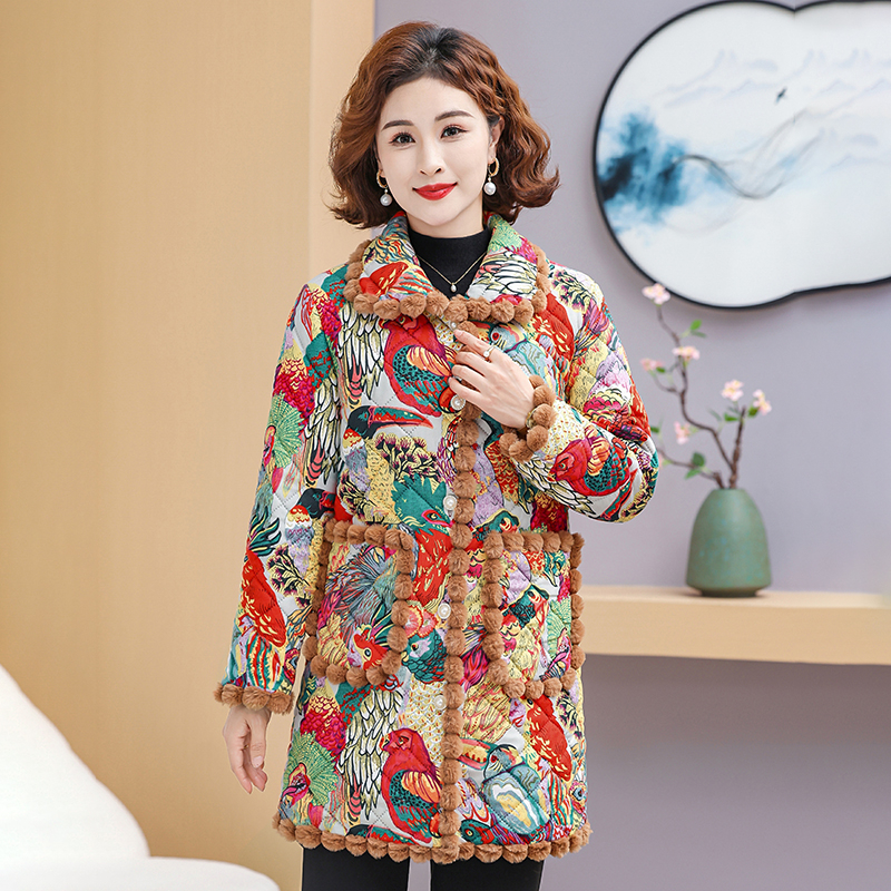 冬季新款妈妈棉衣加绒加厚中老年中长款棉服碎花保暖洋气棉袄外套
