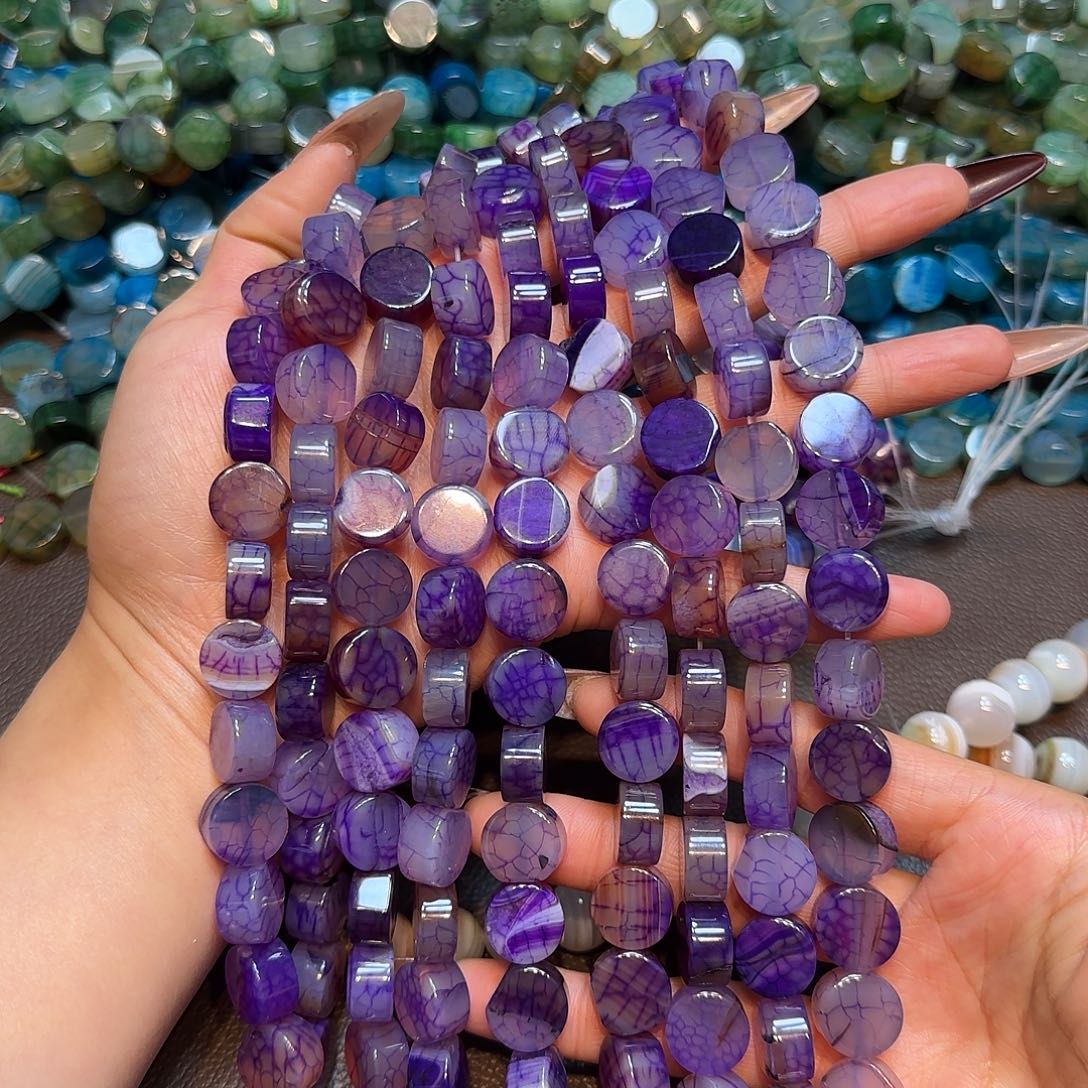 玛瑙/玉髓未镶嵌珠宝半成品14mm紫龙鳞玛瑙圆饼厚度8mm一条