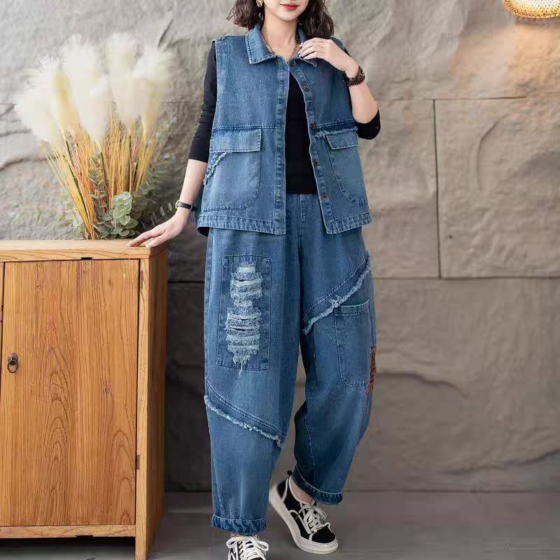 时尚休闲牛仔裤马夹两件套女春季新款洋气马甲妈妈大码套装