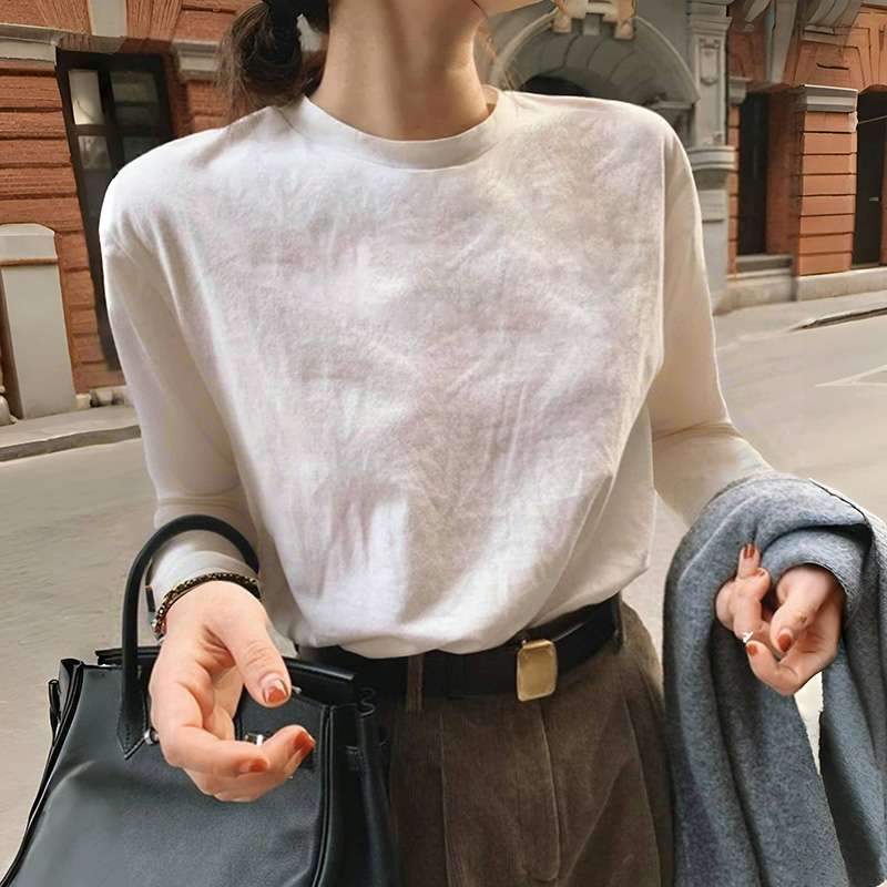 春秋白色棉打底衫女内搭上衣磨毛加厚德绒休闲百搭长袖套头恤