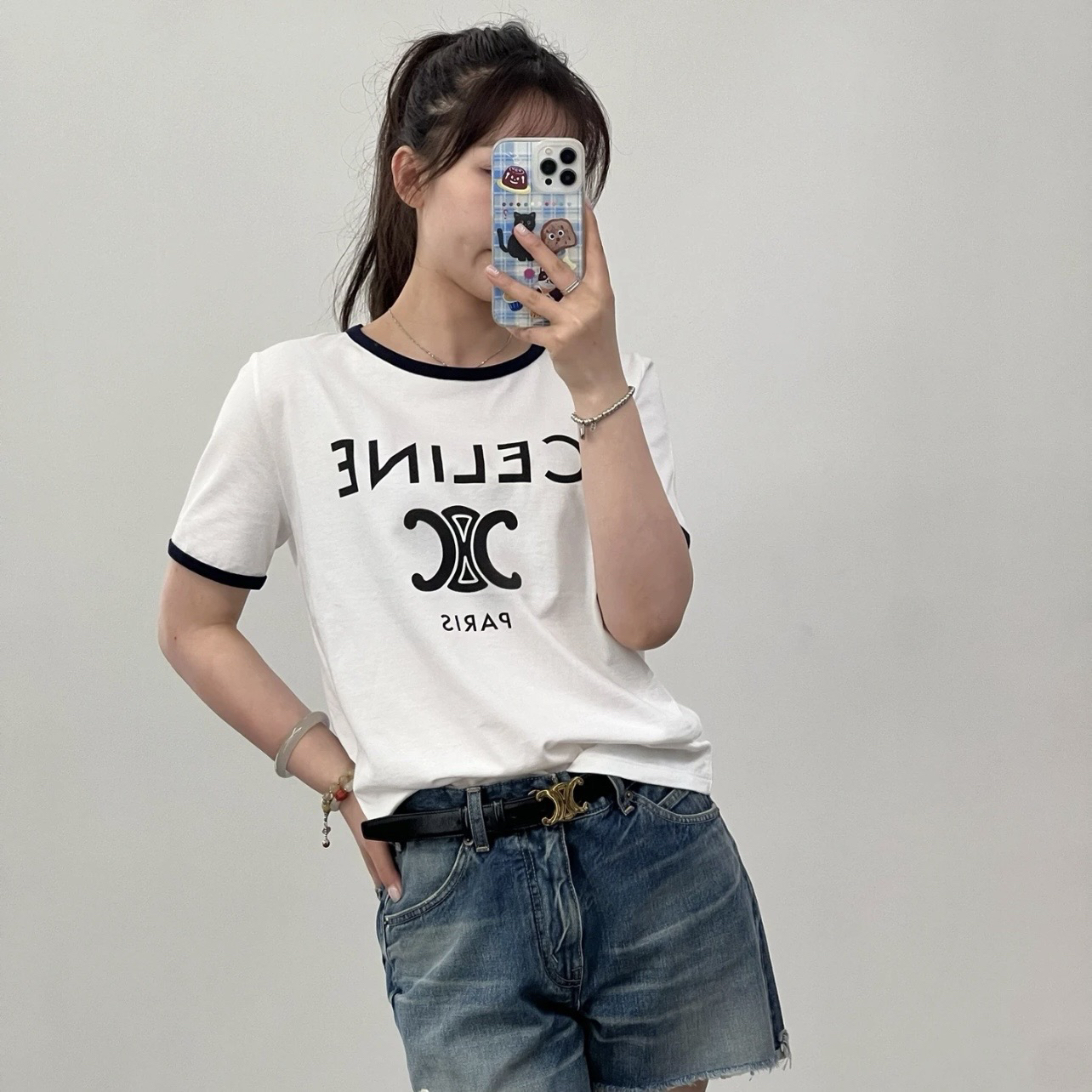 99新 Celine/思琳 dec74 凯旋门Logo短袖 xs码 棉