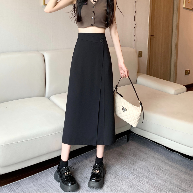 黑色显瘦长款半身裙女韩版垂感高腰a字裙遮胯百搭中长款西装裙