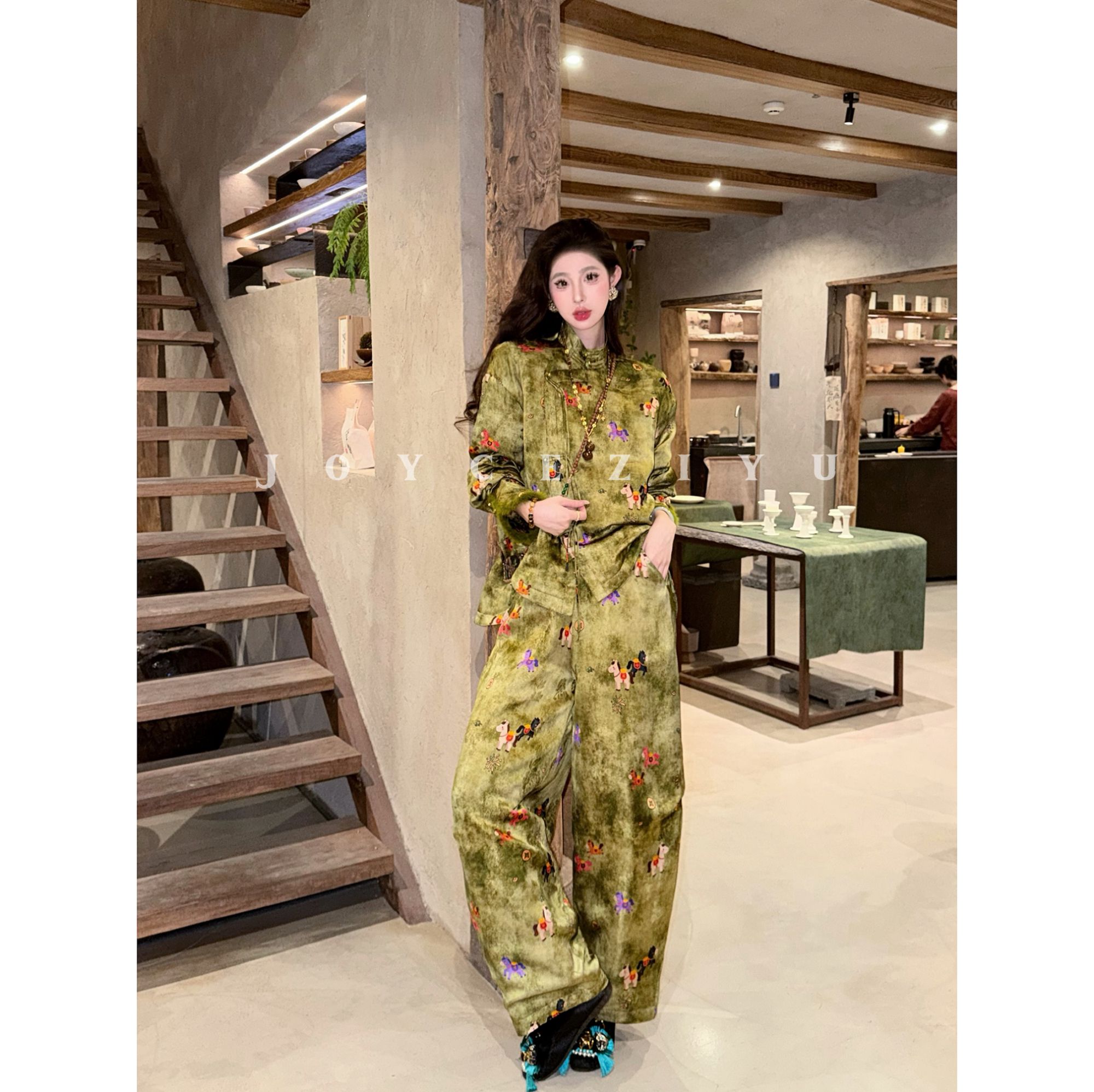 【Joyce子瑜】青染跃马·国风新中式人丝香云晕染水貂毛提花棉服套装