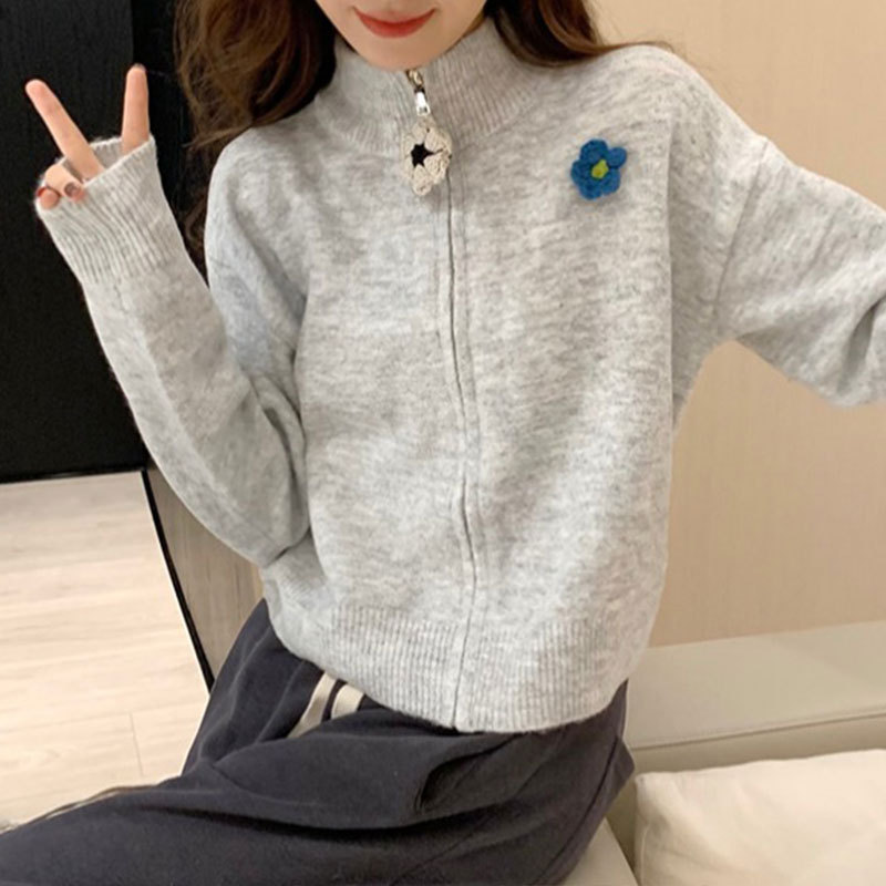 亦声灰色拉链高领毛衣外套女秋冬季小个子宽松短款针织开衫上衣